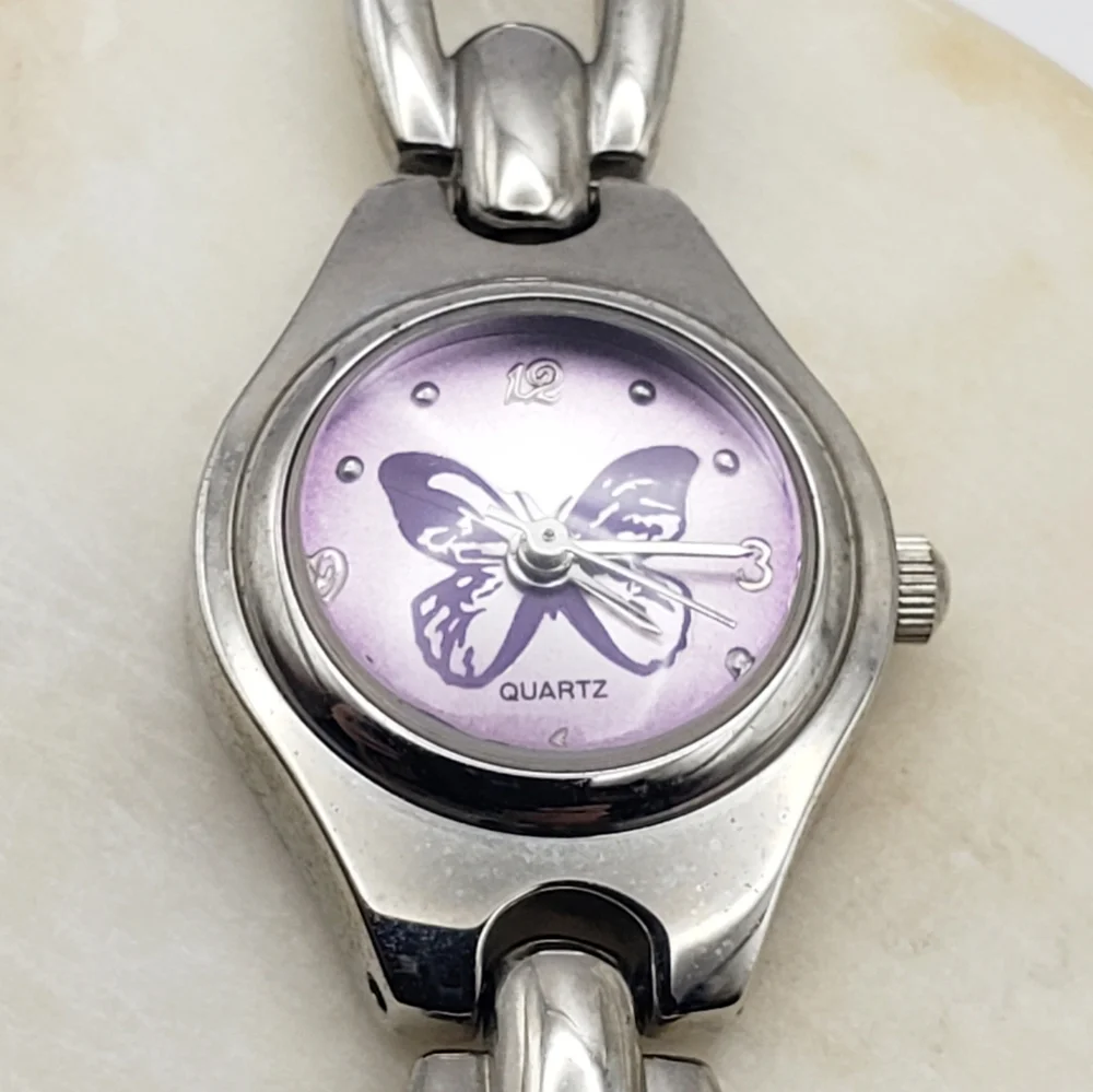 Vintage Advance White Stag Purple Face Butterfly Quartz Silver Link Watch Japan